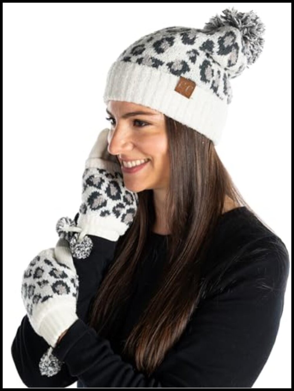 Women's Leopard Print Knit Pom Beanie & Gloves Winter Set - Acrylic